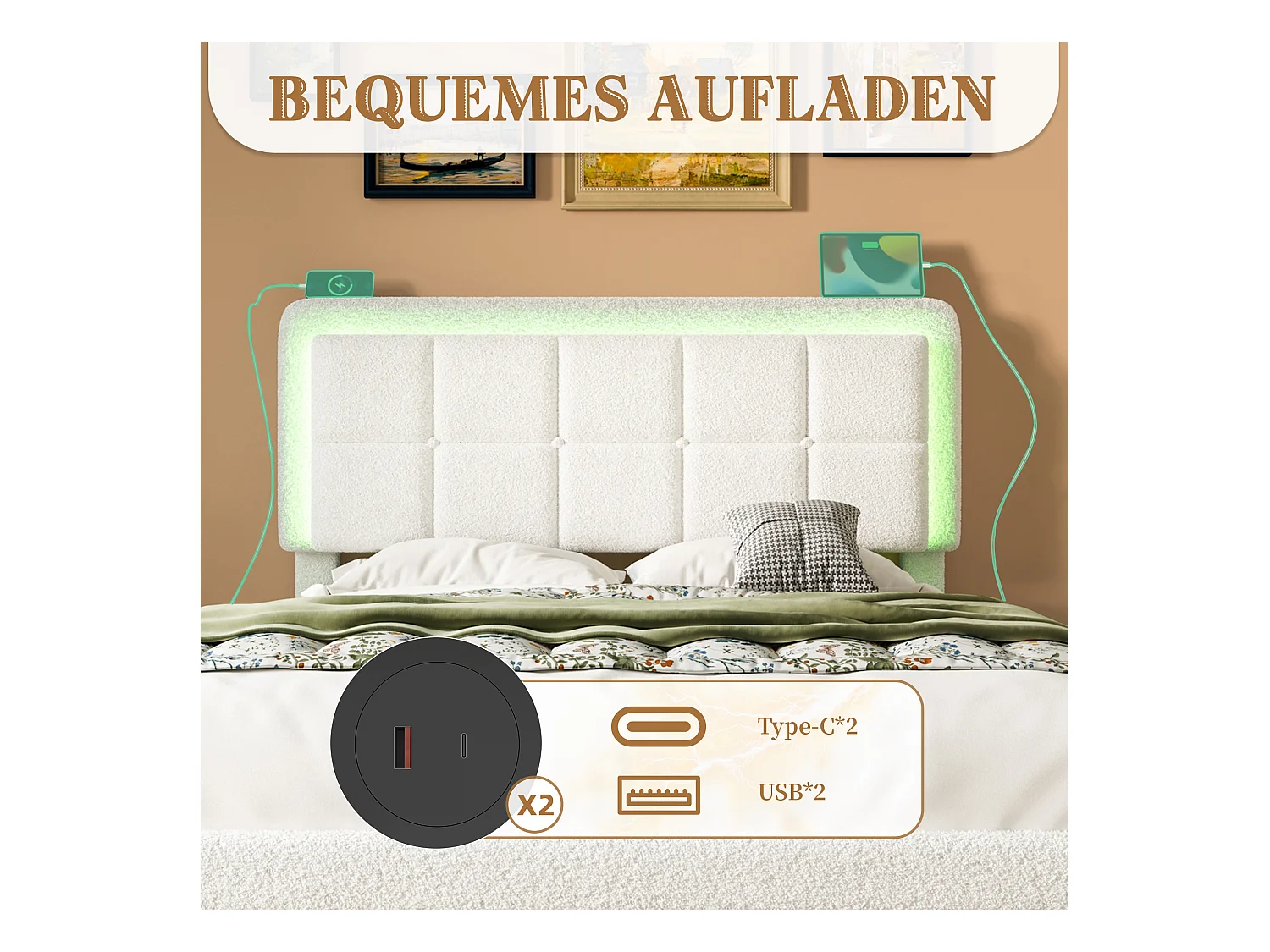 Lit moderne en velours Teddy, cadre en métal et bois, tête de lit réglable, éclairage LED et port USB, 140x200 cm