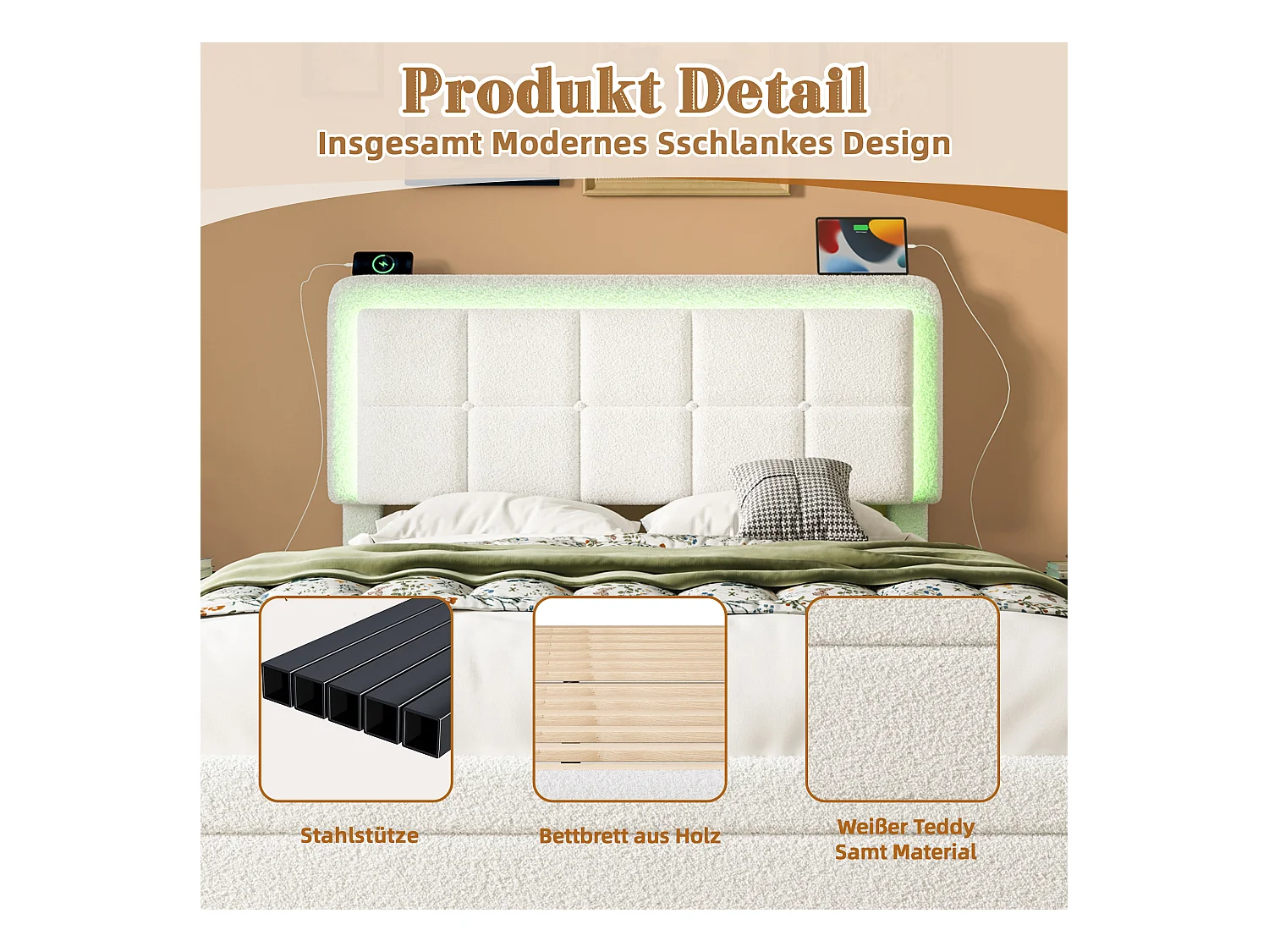 Lit moderne en velours Teddy, cadre en métal et bois, tête de lit réglable, éclairage LED et port USB, 140x200 cm