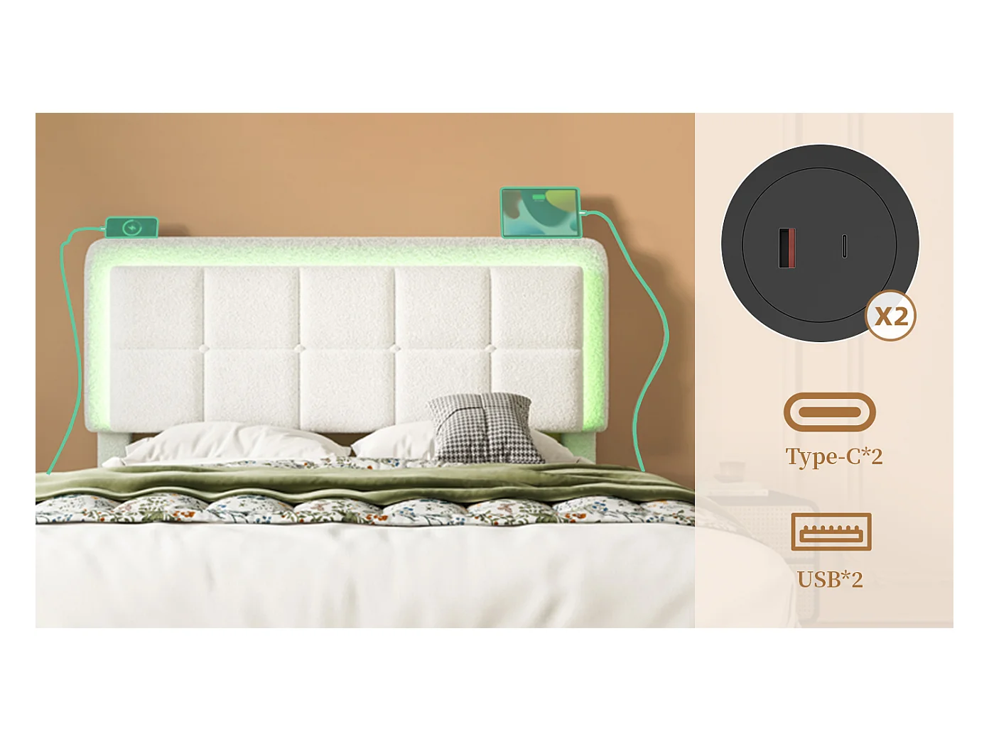 Lit moderne en velours Teddy, cadre en métal et bois, tête de lit réglable, éclairage LED et port USB, 140x200 cm