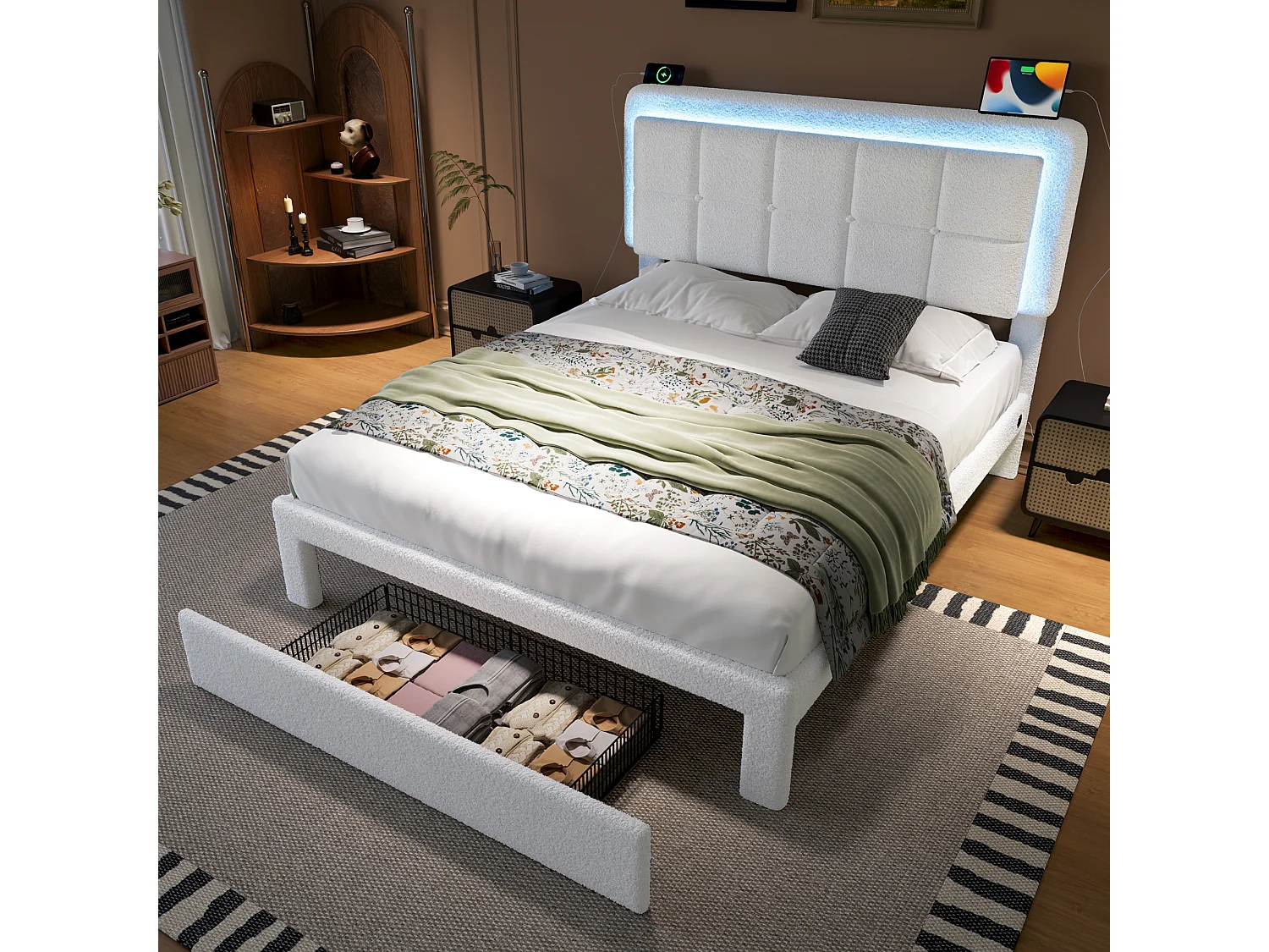 Lit moderne en velours Teddy, cadre en métal et bois, tête de lit réglable, éclairage LED et port USB, 140x200 cm