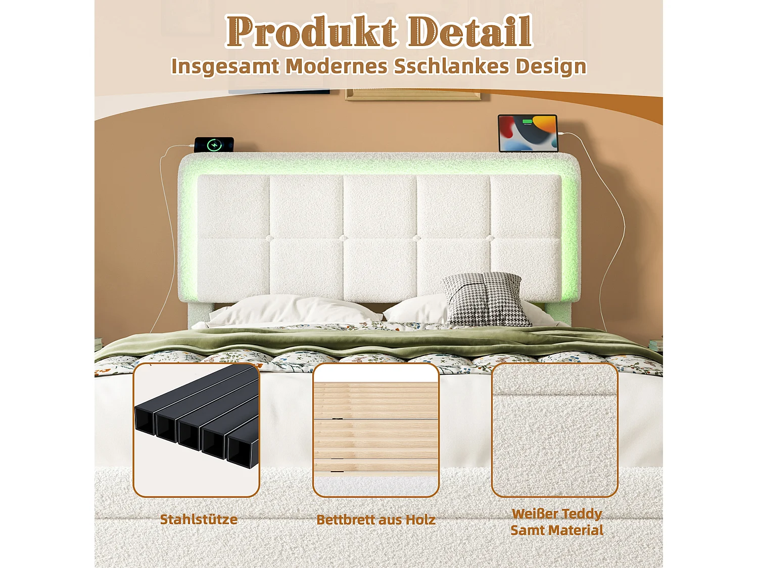 Lit moderne en velours Teddy, cadre en métal et bois, tête de lit réglable, éclairage LED et port USB, 140x200 cm