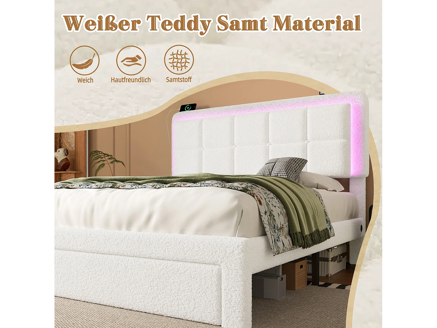 Lit moderne en velours Teddy, cadre en métal et bois, tête de lit réglable, éclairage LED et port USB, 140x200 cm