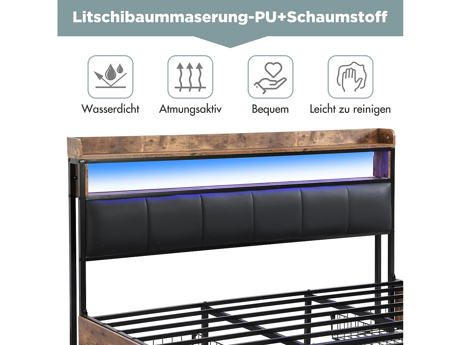 Lit rembourré avec LED, 140x200, hydraulique, avec 4 tiroirs, PU, noir (196.8x30.5x17.7 cm)