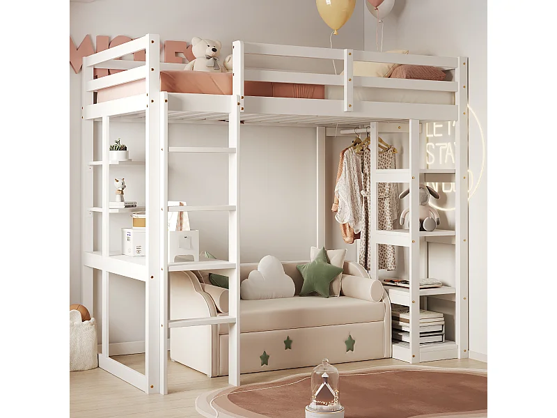 Cama alta de madera maciza 90x200 cm con escritorio, estanterías y armario, color blanco (205x98,2x165 cm)