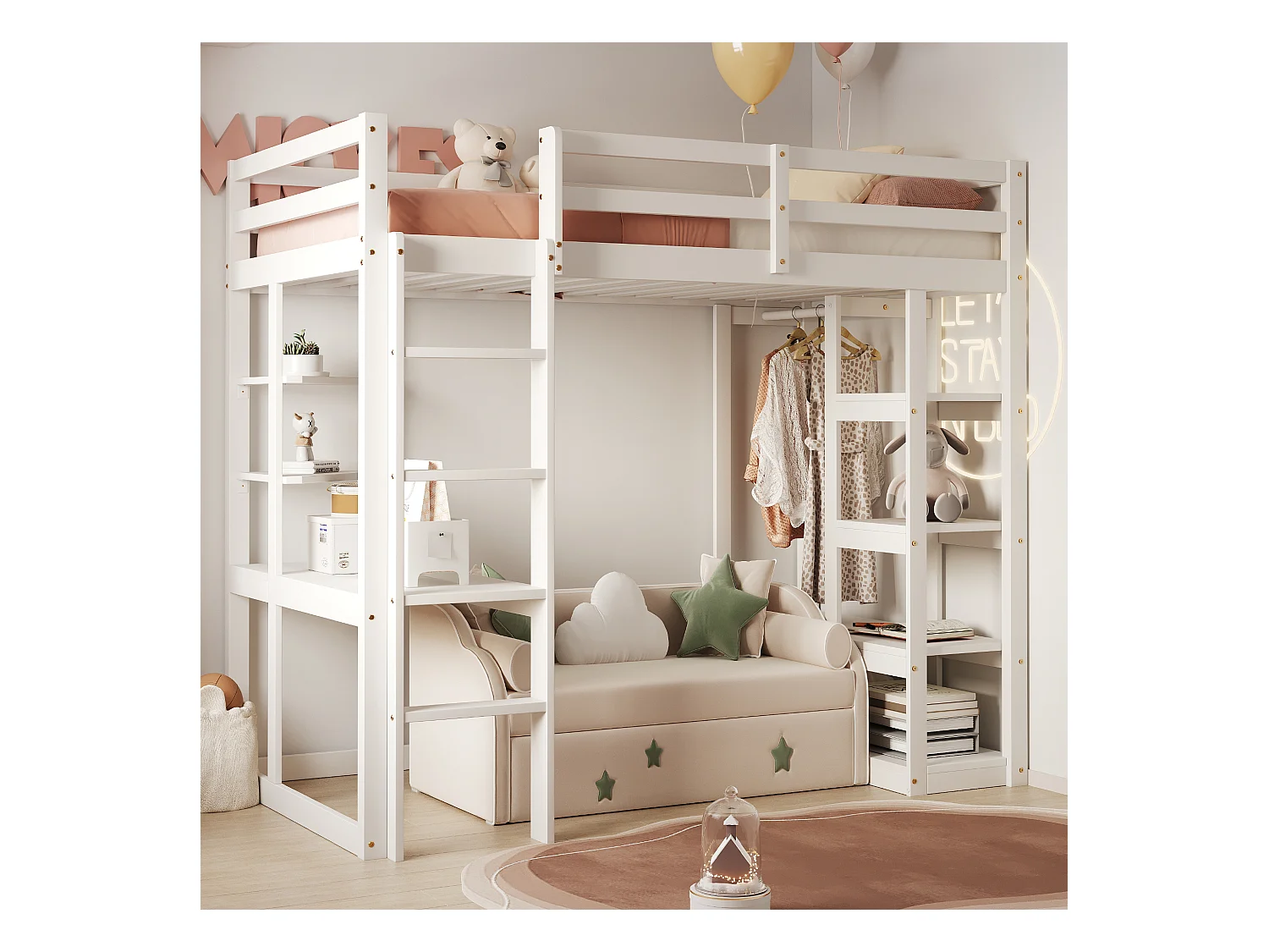 Lit mezzanine en bois massif 90x200 cm avec bureau, étagères et penderie, blanc (205x98.2x165 cm)