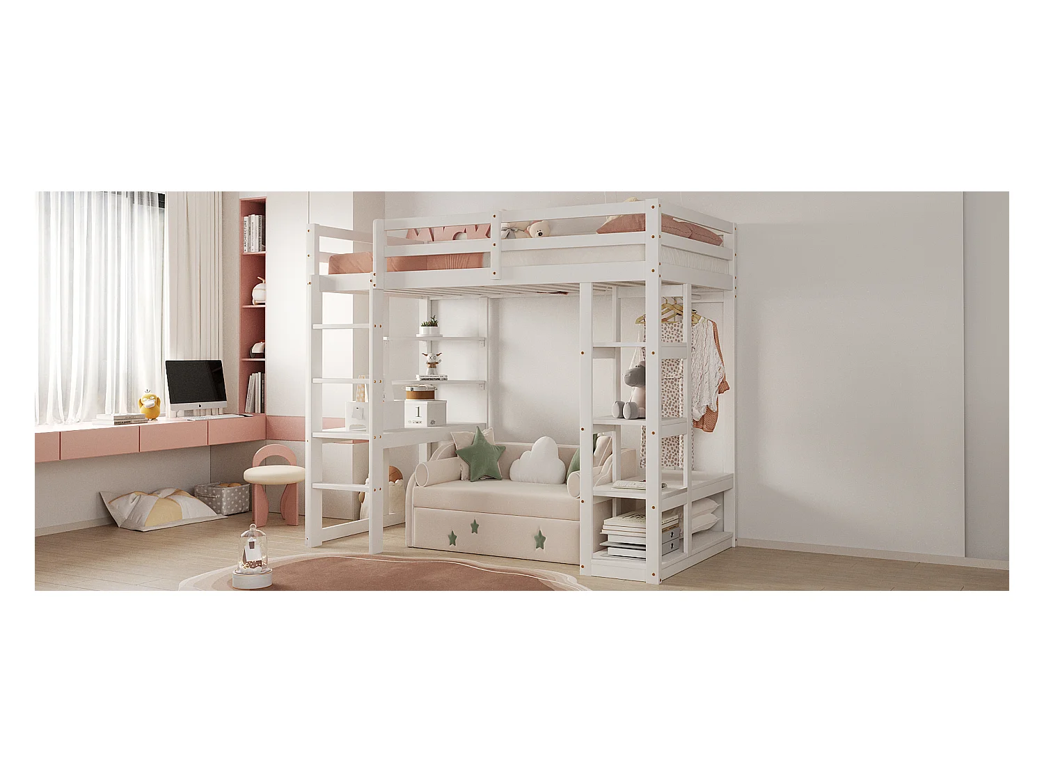 Lit mezzanine en bois massif 90x200 cm avec bureau, étagères et penderie, blanc (205x98.2x165 cm)