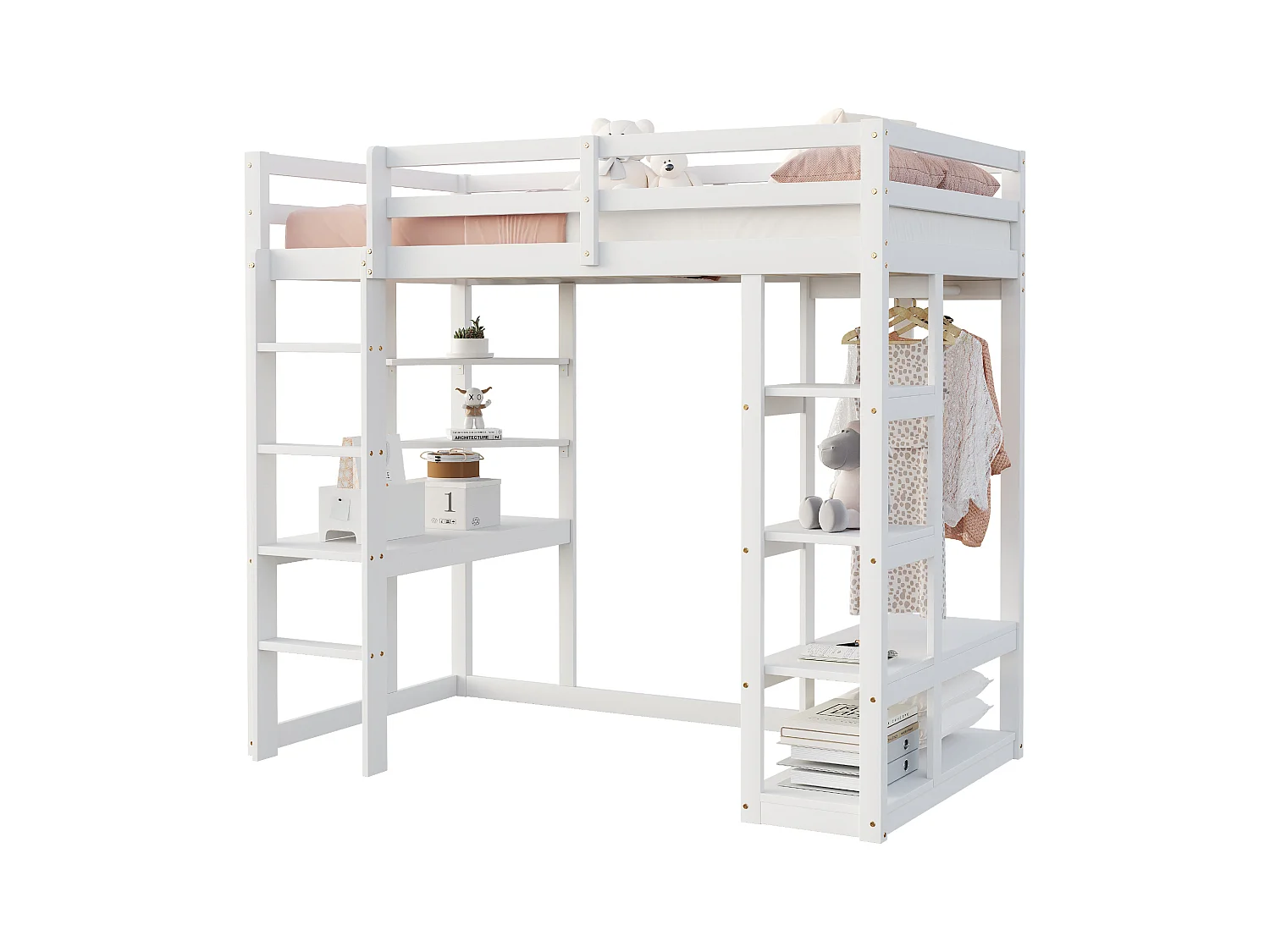 Lit mezzanine en bois massif 90x200 cm avec bureau, étagères et penderie, blanc (205x98.2x165 cm)