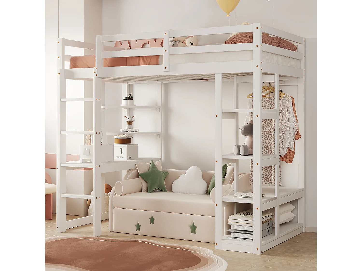 Lit mezzanine en bois massif 90x200 cm avec bureau, étagères et penderie, blanc (205x98.2x165 cm)