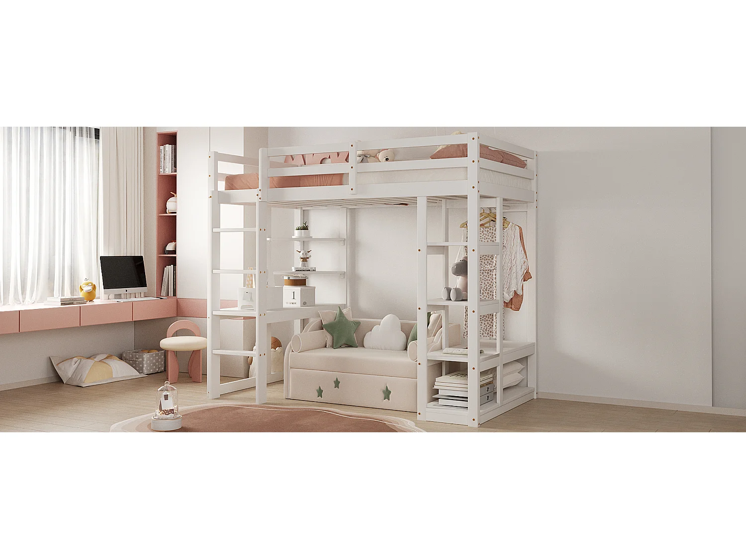 Lit mezzanine en bois massif 90x200 cm avec bureau, étagères et penderie, blanc (205x98.2x165 cm)