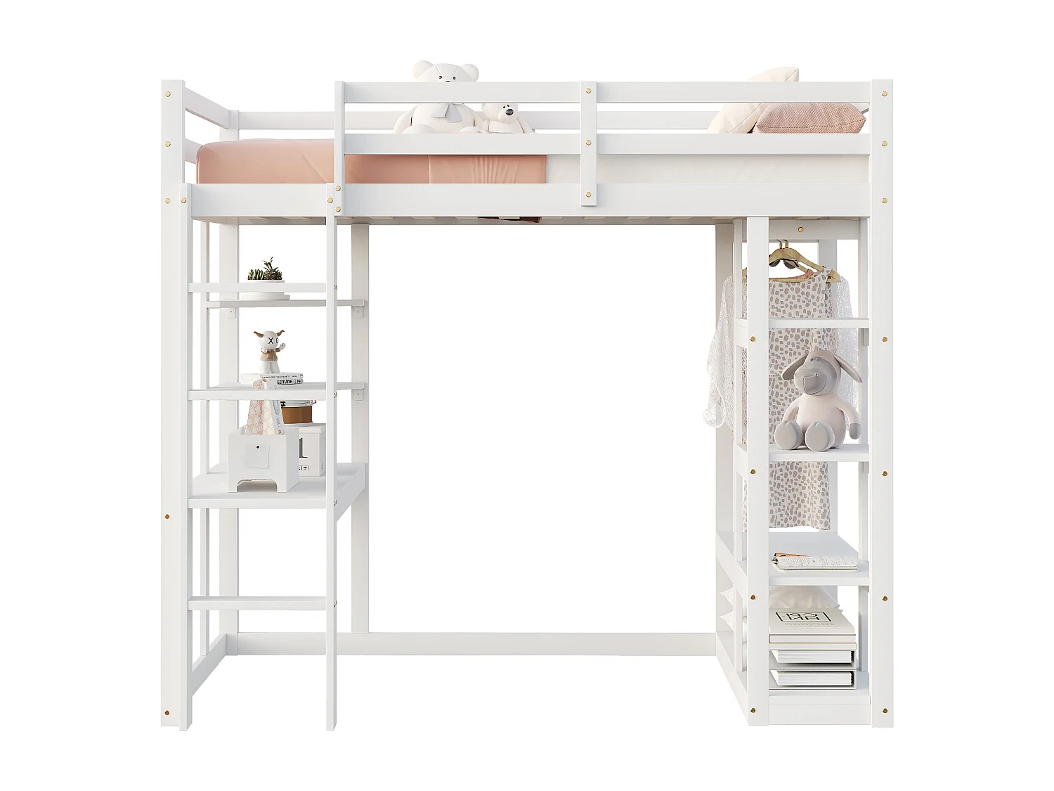 Lit mezzanine en bois massif 90x200 cm avec bureau, étagères et penderie, blanc (205x98.2x165 cm)