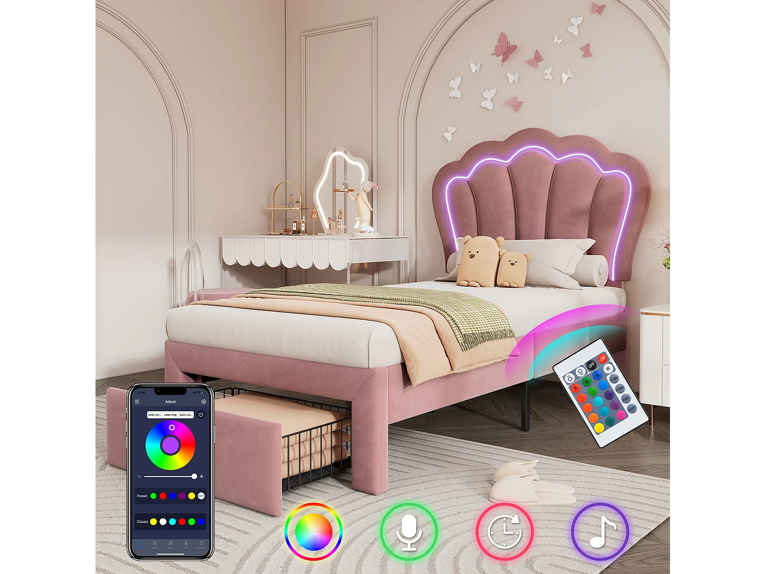 Lit Enfant LED avec Schublades, Polsterbett 90x190 cm, APP-Control, Lattenrost et Tête de Lit Réglable, Samt Rose (195x106x117 cm)