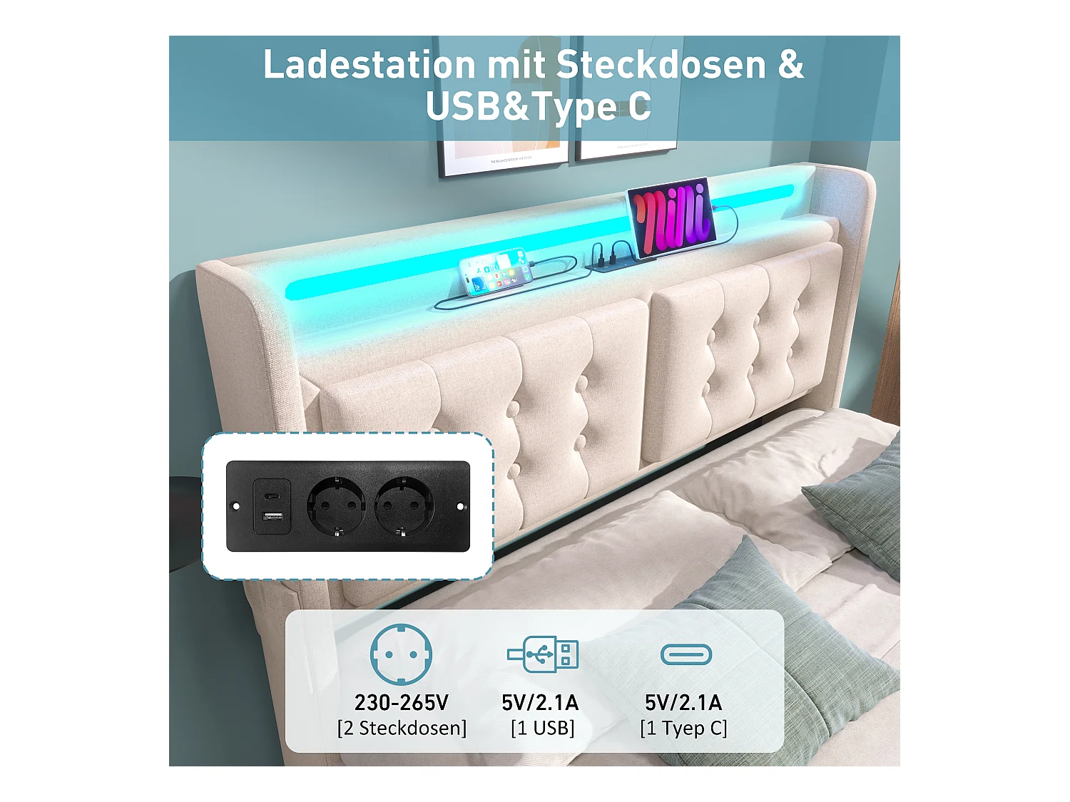 Lit double 160x200 avec tête de lit LED et port USB-C, 4 tiroirs de rangement, sommier en bois et métal, beige, (220x161x109 cm)