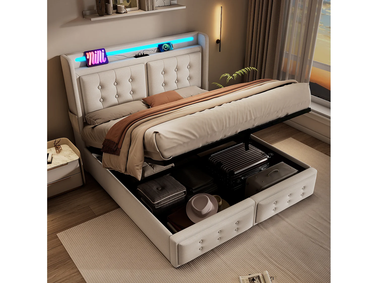 Lit double 160x200 avec tête de lit LED et port USB-C, 4 tiroirs de rangement, sommier en bois et métal, beige, (220x161x109 cm)