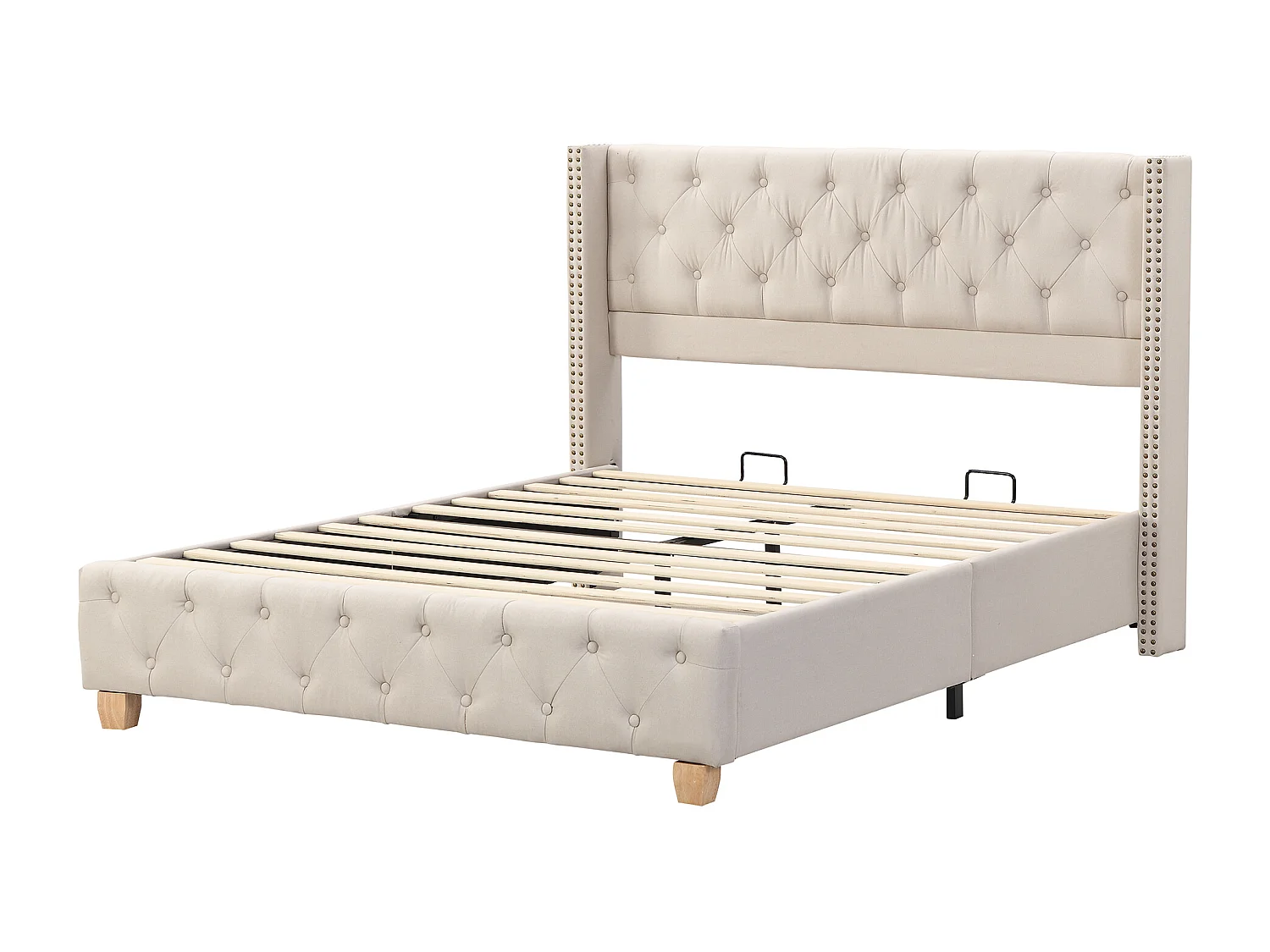 Lit capitonné 160x200 cm avec tête de lit et ressorts, bois, lin beige (169x205x108 cm)