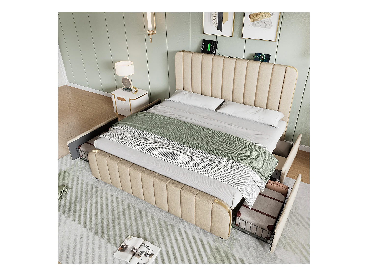 Lit rembourré avec tête de lit ornée de bandes dorées, fonction de chargement USB Type-C, 140x200 cm, tissu en lin beige avec 4 tiroirs (sans matelas)