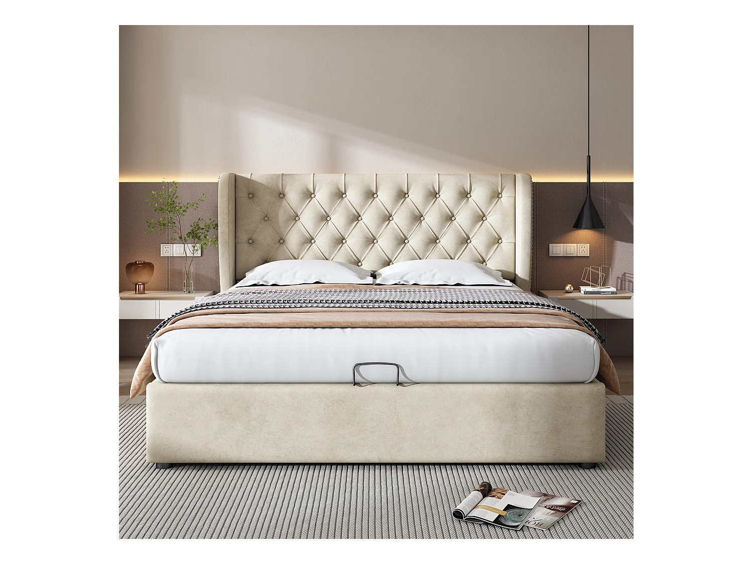 Lit rembourré en forme d'oreille, velours, avec sommier à lattes et espace de rangement, double, beige (140x190 cm)