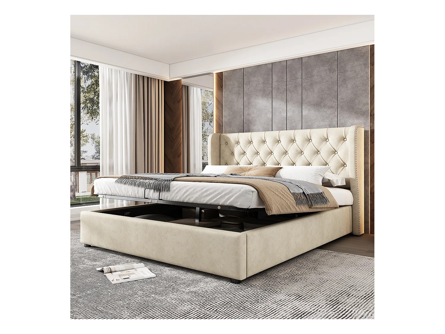 Lit rembourré en forme d'oreille, velours, avec sommier à lattes et espace de rangement, double, beige (140x190 cm)