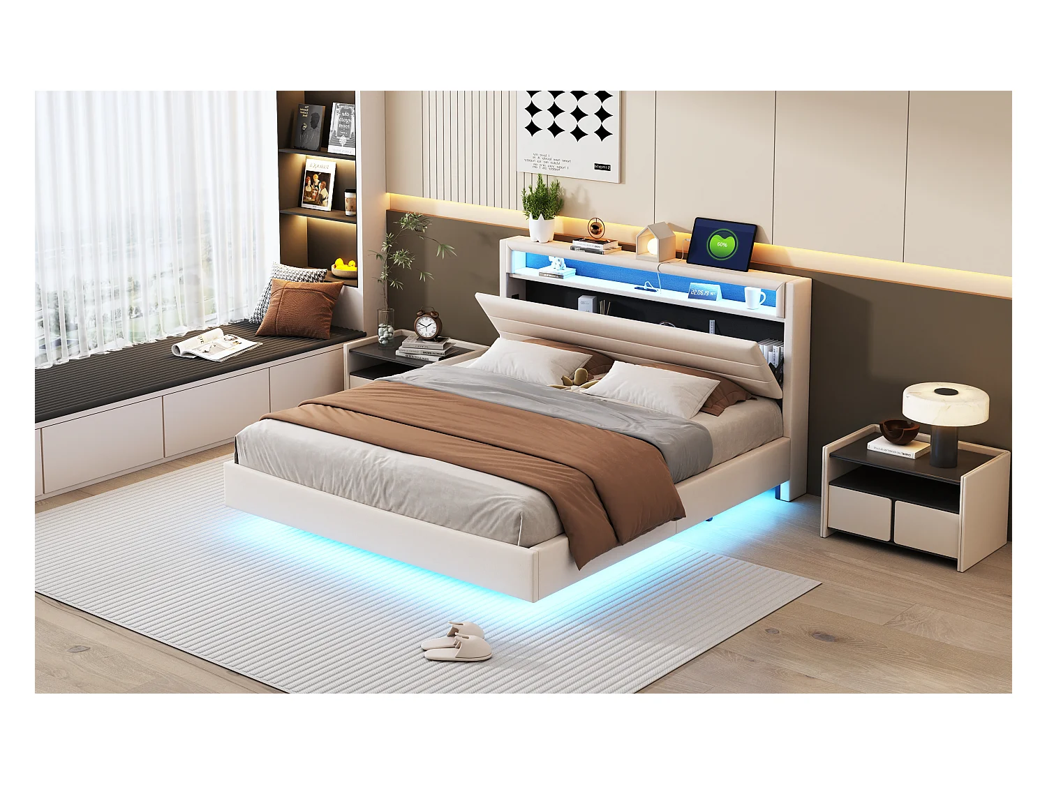 Lit capitonné 160x200 cm, avec prise USB et LED, tête de lit réversible, pied caché, lit double, lit pour adulte ou enfant (214x161x106 cm)
