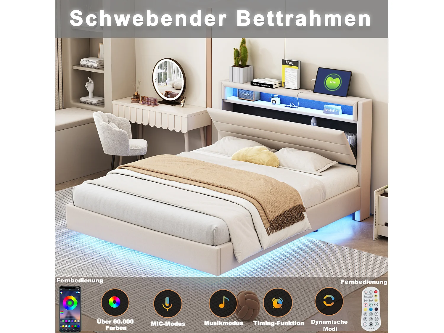 Cama tapizada 160x200 cm, con toma USB y LED, cabecero reversible, pie oculto, cama de matrimonio, cama para adultos o niños (214x161x106 cm)