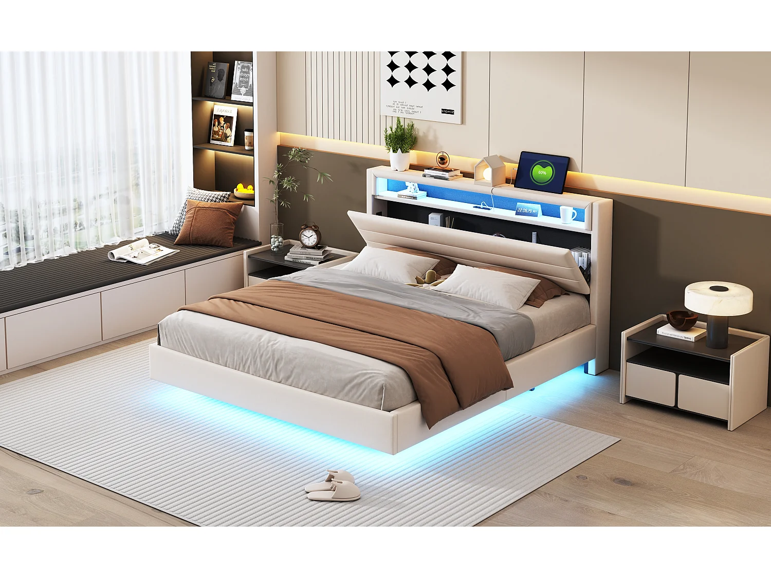 Cama tapizada 160x200 cm, con toma USB y LED, cabecero reversible, pie oculto, cama de matrimonio, cama para adultos o niños (214x161x106 cm)