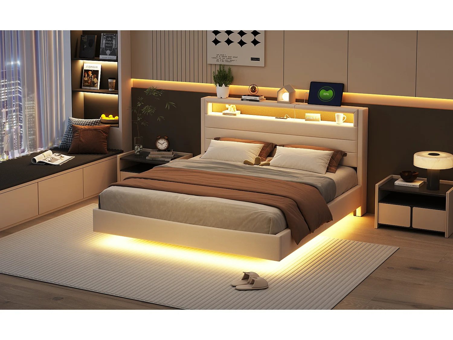 Cama tapizada 160x200 cm, con toma USB y LED, cabecero reversible, pie oculto, cama de matrimonio, cama para adultos o niños (214x161x106 cm)