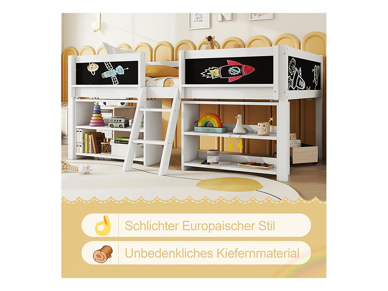 Cama media-alta con varios estantes de almacenaje, escalera, barandilla, pino, sin colchón, estilo minimalista, color blanco (204x124x90 cm)