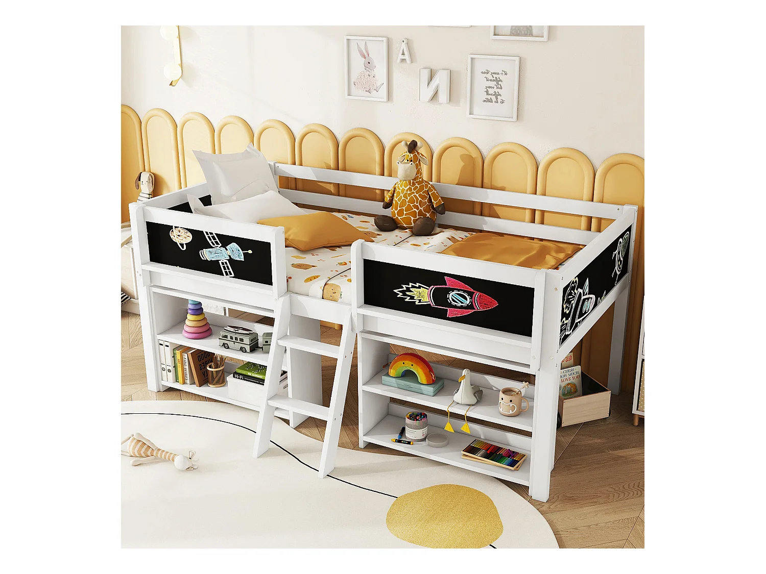 Cama media-alta con varios estantes de almacenaje, escalera, barandilla, pino, sin colchón, estilo minimalista, color blanco (204x124x90 cm)