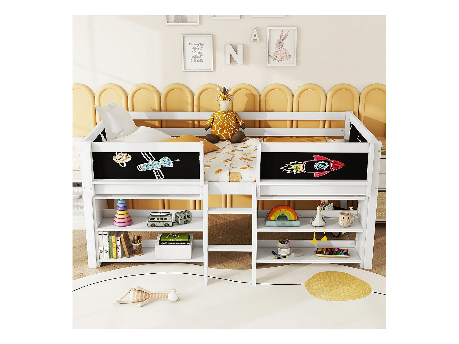 Cama media-alta con varios estantes de almacenaje, escalera, barandilla, pino, sin colchón, estilo minimalista, color blanco (204x124x90 cm)