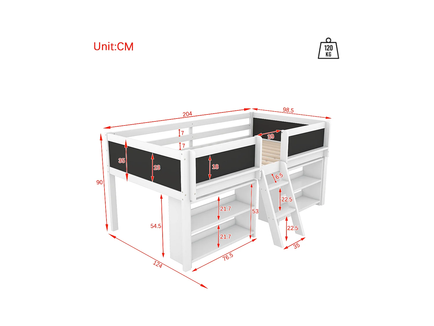 Cama media-alta con varios estantes de almacenaje, escalera, barandilla, pino, sin colchón, estilo minimalista, color blanco (204x124x90 cm)