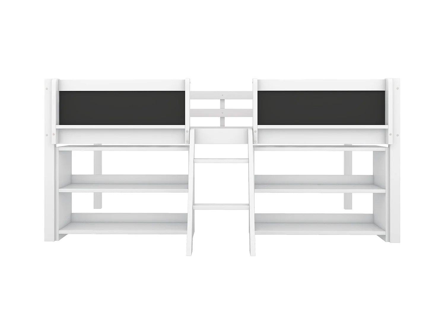 Cama media-alta con varios estantes de almacenaje, escalera, barandilla, pino, sin colchón, estilo minimalista, color blanco (204x124x90 cm)