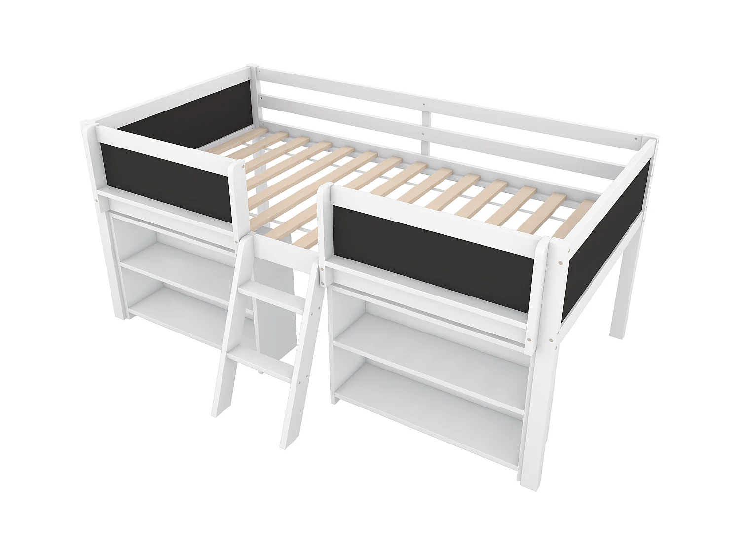 Cama media-alta con varios estantes de almacenaje, escalera, barandilla, pino, sin colchón, estilo minimalista, color blanco (204x124x90 cm)