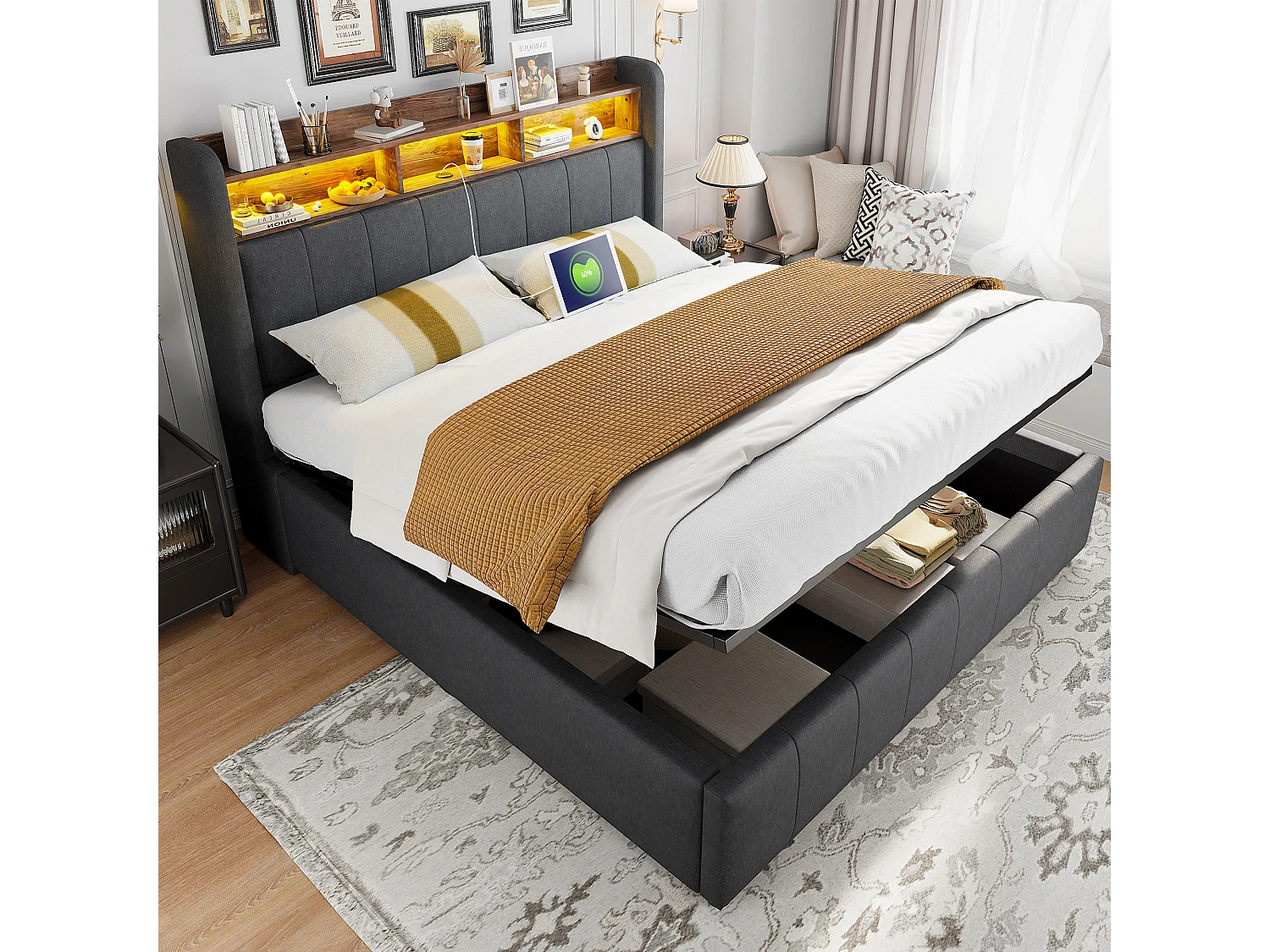 Cama 160x200 cm con LED, USB, cabecero con baldas y almacenaje, hidráulica, estructura de metal, tejido de lino gris (212,5x160x111 cm)
