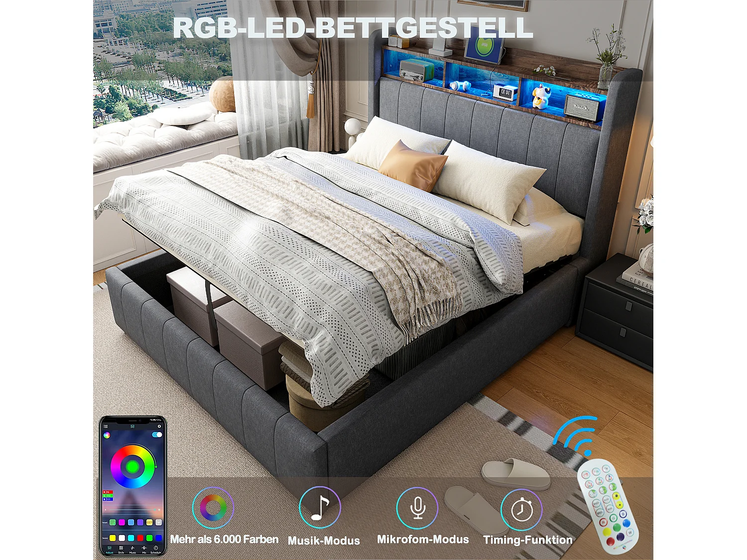 Cama 160x200 cm con LED, USB, cabecero con baldas y almacenaje, hidráulica, estructura de metal, tejido de lino gris (212,5x160x111 cm)