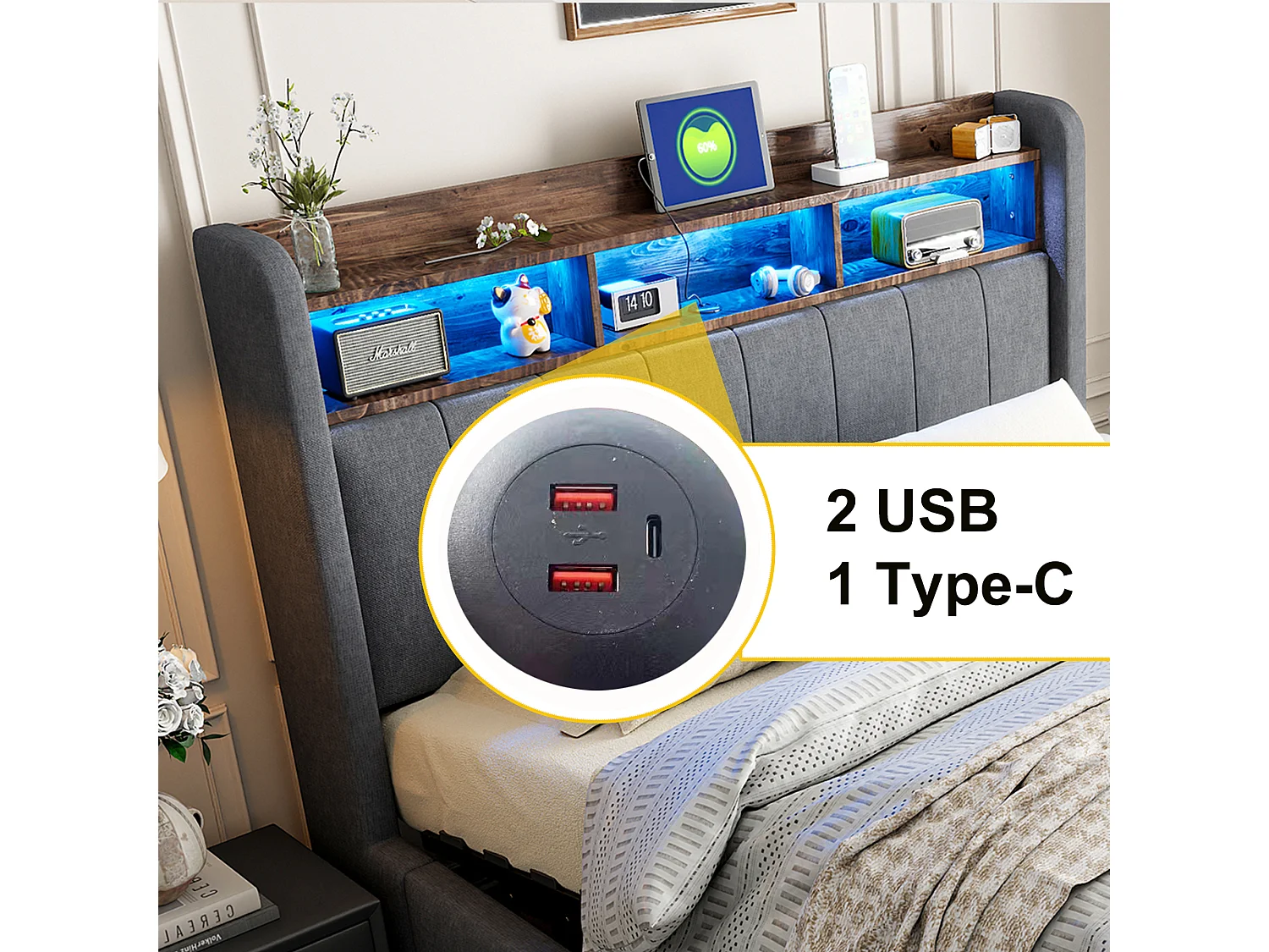 Cama 160x200 cm con LED, USB, cabecero con baldas y almacenaje, hidráulica, estructura de metal, tejido de lino gris (212,5x160x111 cm)