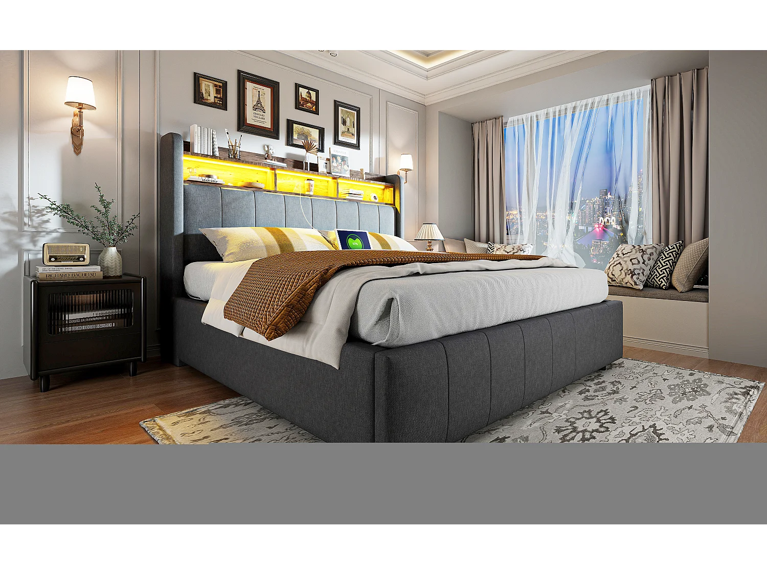 Cama 160x200 cm con LED, USB, cabecero con baldas y almacenaje, hidráulica, estructura de metal, tejido de lino gris (212,5x160x111 cm)
