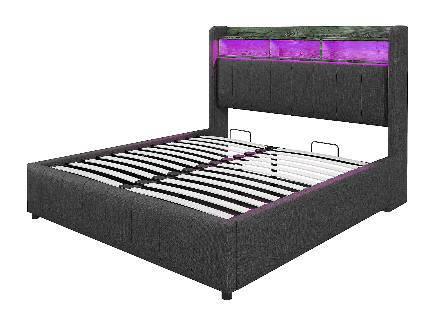 Cama 160x200 cm con LED, USB, cabecero con baldas y almacenaje, hidráulica, estructura de metal, tejido de lino gris (212,5x160x111 cm)