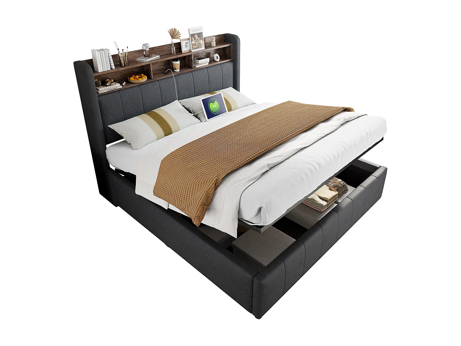 Cama 160x200 cm con LED, USB, cabecero con baldas y almacenaje, hidráulica, estructura de metal, tejido de lino gris (212,5x160x111 cm)