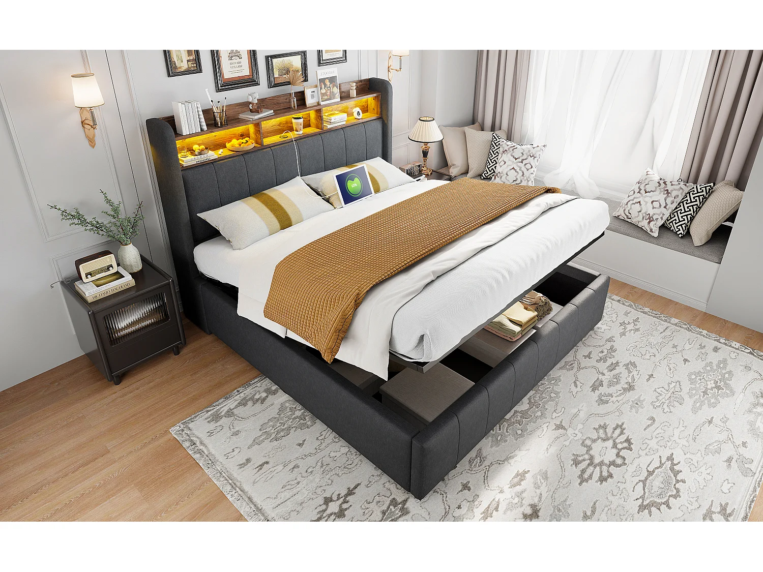 Cama 160x200 cm con LED, USB, cabecero con baldas y almacenaje, hidráulica, estructura de metal, tejido de lino gris (212,5x160x111 cm)