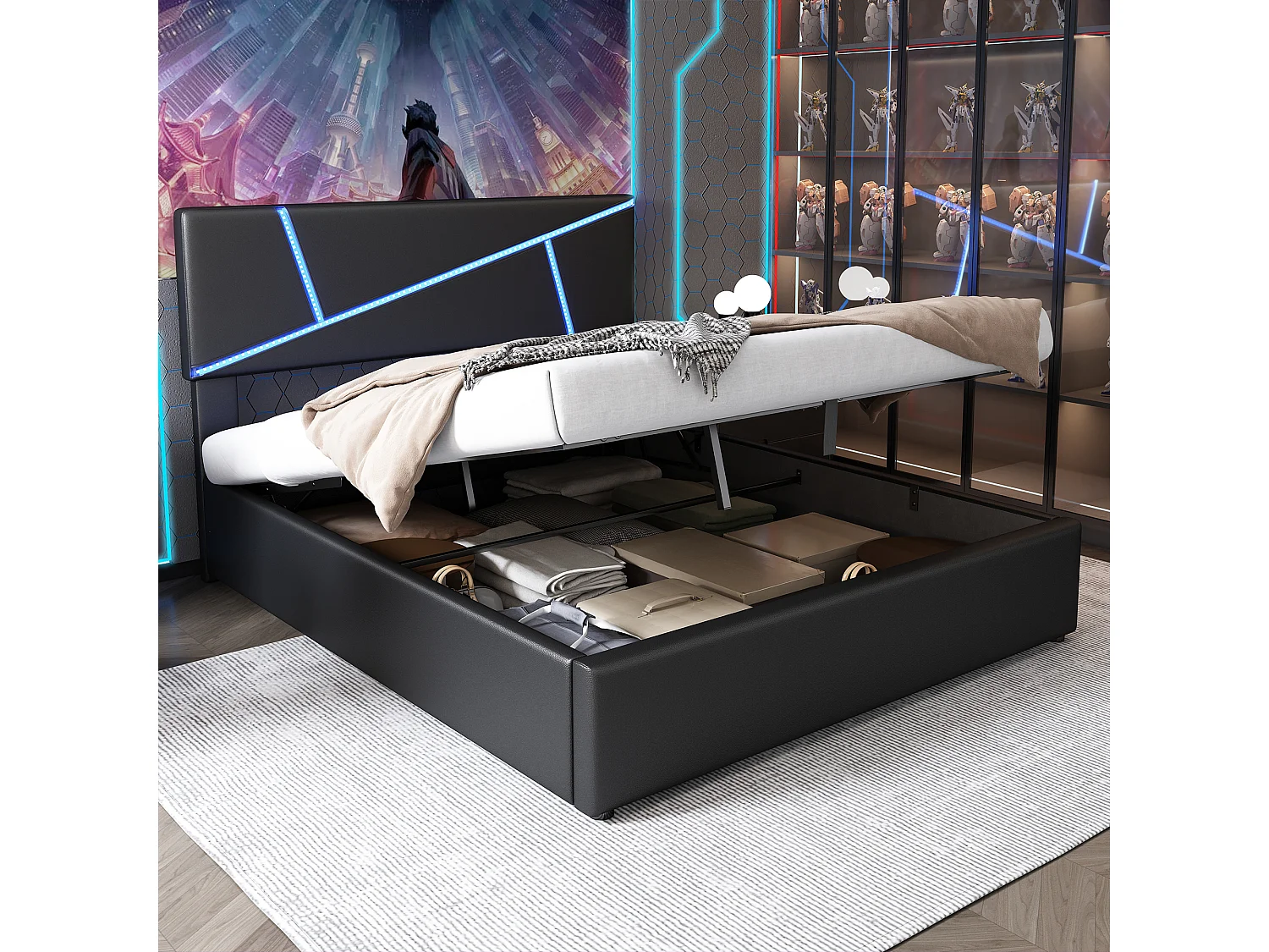 Cama con canapé con LED y cabecero, 90200 cm, Cama con somier de láminas, función hidráulica, PU, Negro (90200 cm)