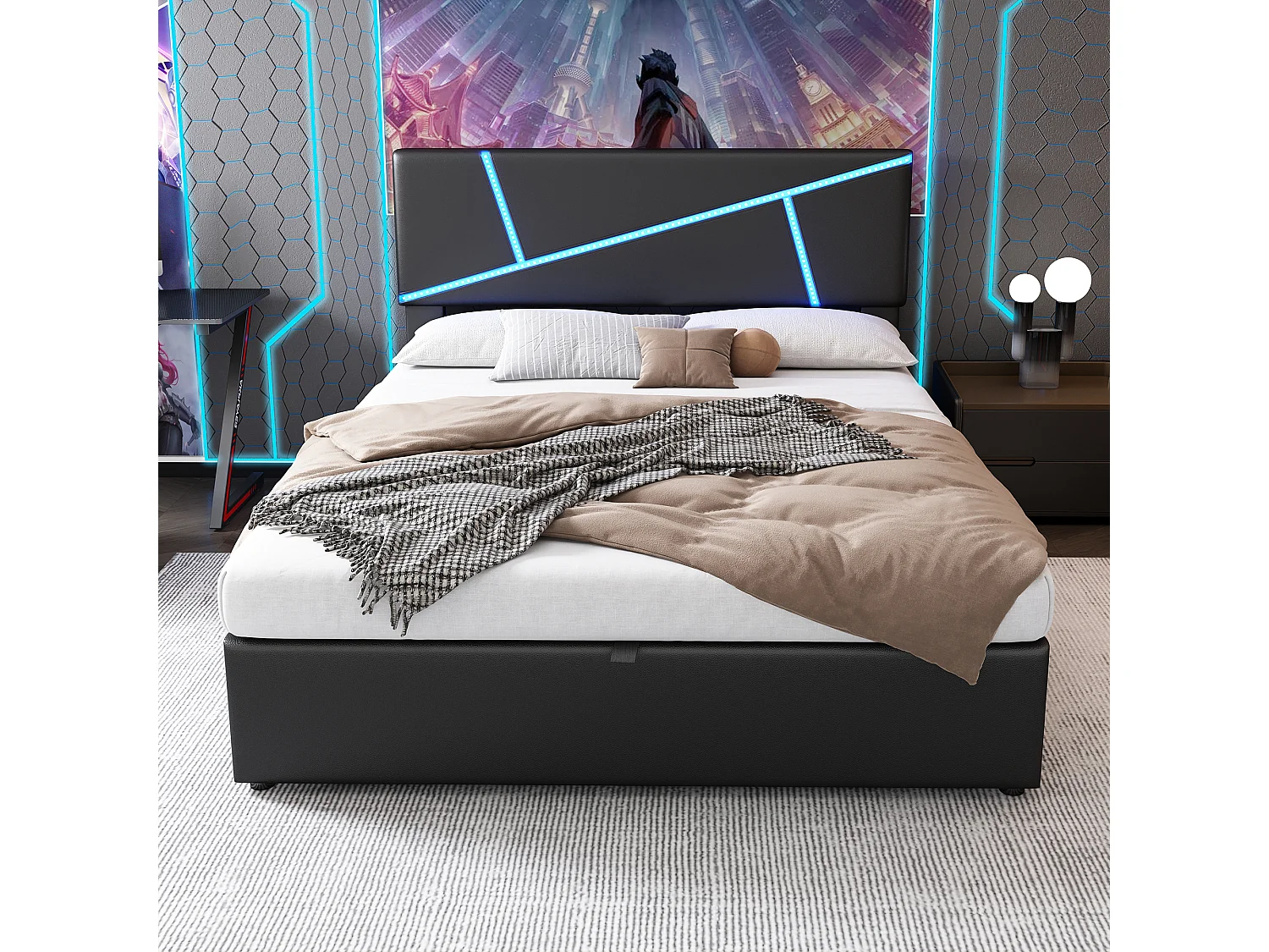 Cama con canapé con LED y cabecero, 90200 cm, Cama con somier de láminas, función hidráulica, PU, Negro (90200 cm)
