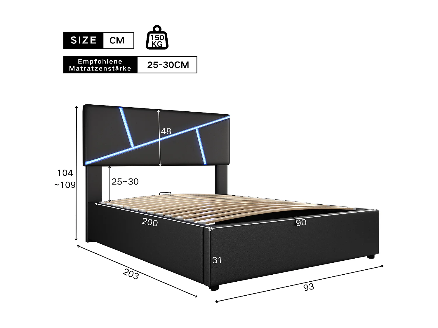 Cama con canapé con LED y cabecero, 90200 cm, Cama con somier de láminas, función hidráulica, PU, Negro (90200 cm)
