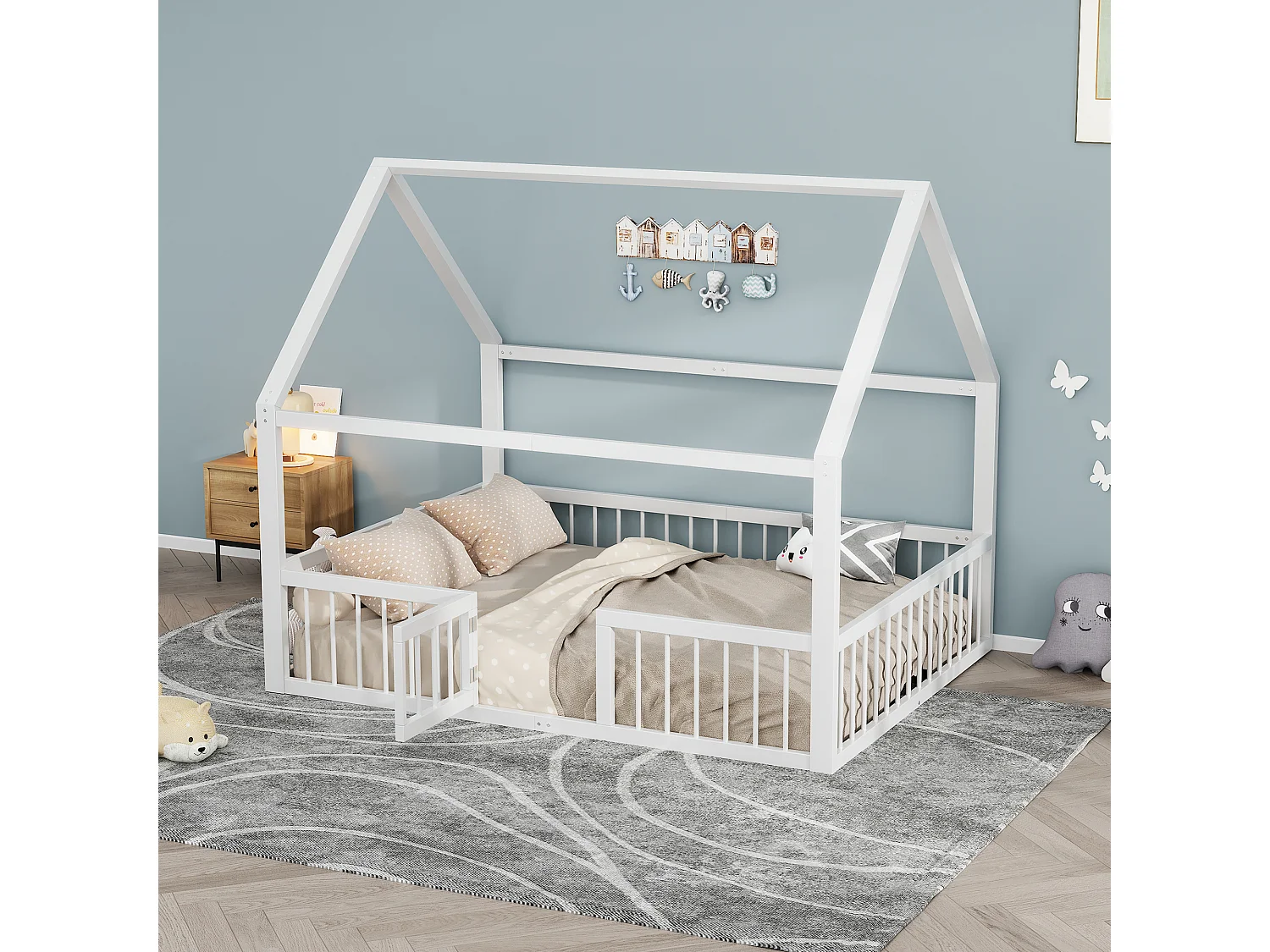 Lit plat, métal, 140x200 cm, lit pour enfants avec bureau, sans matelas, garde-corps, échelle, décorations de maison, blanc (244x144x100 cm)