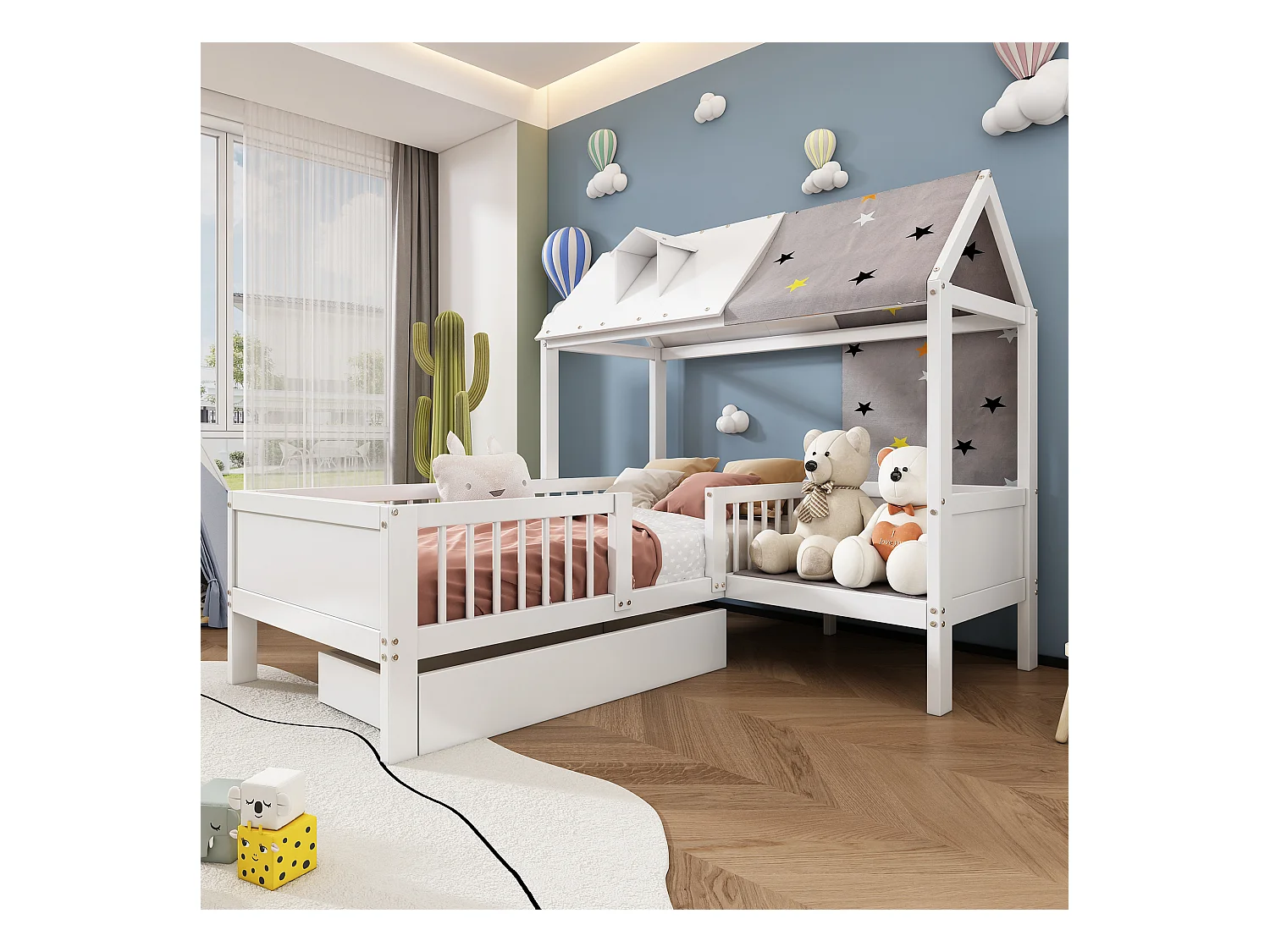 Lit enfant en forme de maison, avec tente et coussins, 2 tiroirs de rangement, bois massif, blanc (90x200 cm)