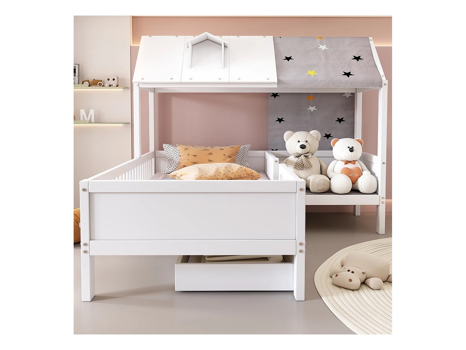 Lit enfant en forme de maison, avec tente et coussins, 2 tiroirs de rangement, bois massif, blanc (90x200 cm)