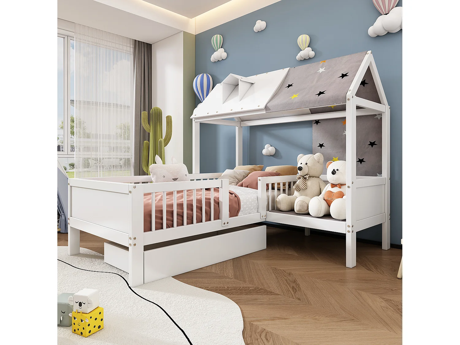 Lit enfant en forme de maison, avec tente et coussins, 2 tiroirs de rangement, bois massif, blanc (90x200 cm)