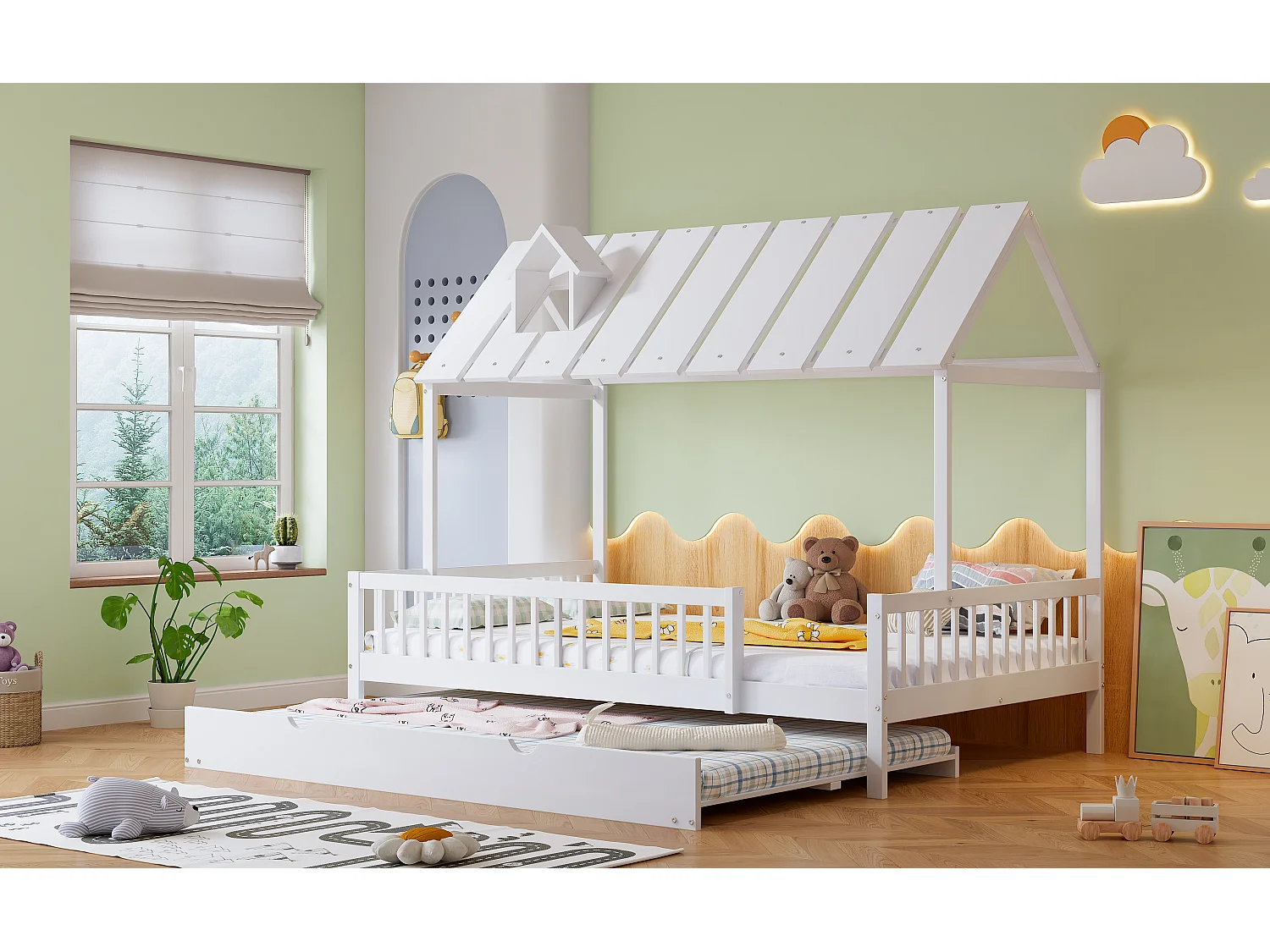 Huisbed met opklapbed, dak met kroonlijst, 3-zijdige veiligheid, grenenhout + MDF, wit, (205x125x169 cm)