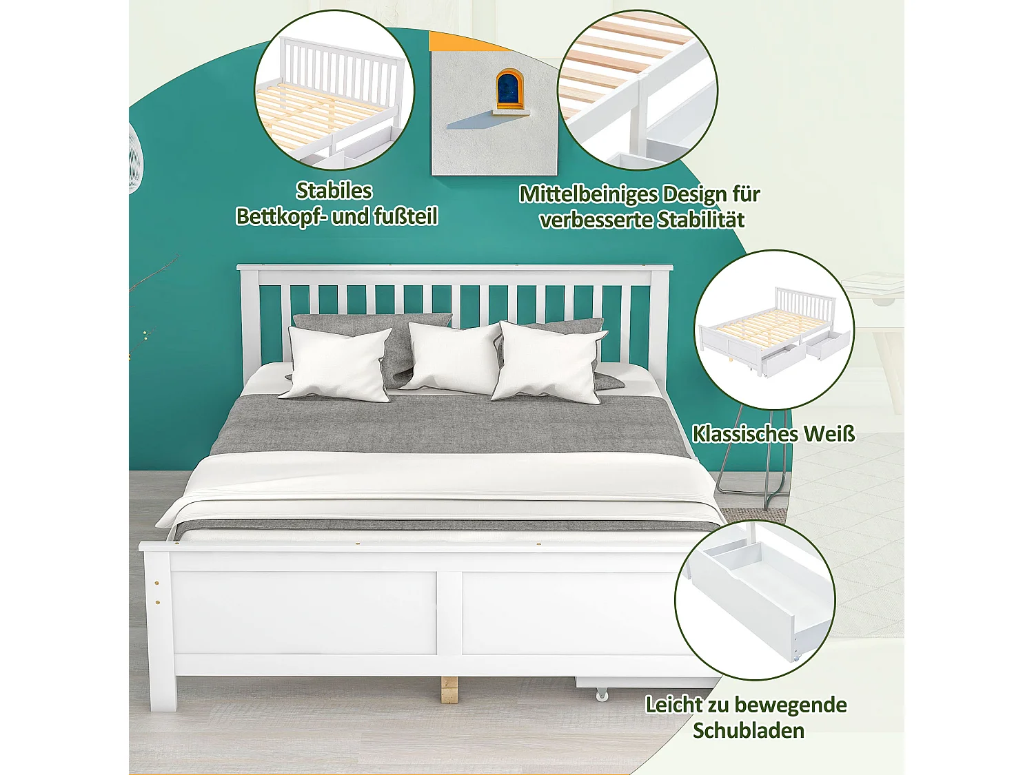 Lit en bois, lit double, avec tiroirs de rangement, cadre en pin, blanc, (140x200 cm)