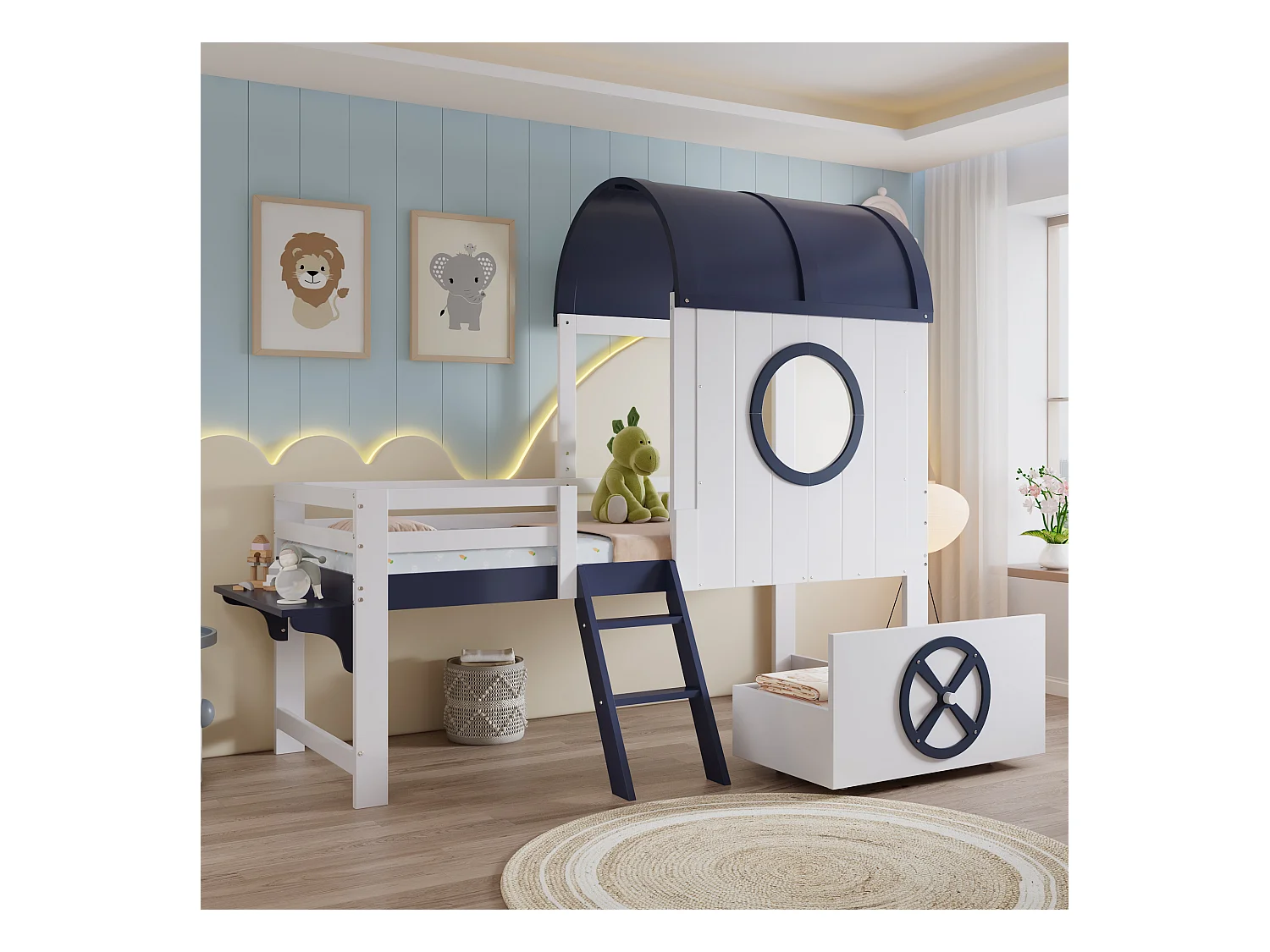 Lit enfant mi-hauteur, avec toit et fenêtres, garde-corps, petite échelle, tiroir sous le lit, pin + MDF, blanc et bleu marine, (203.5x131.5x200 cm)