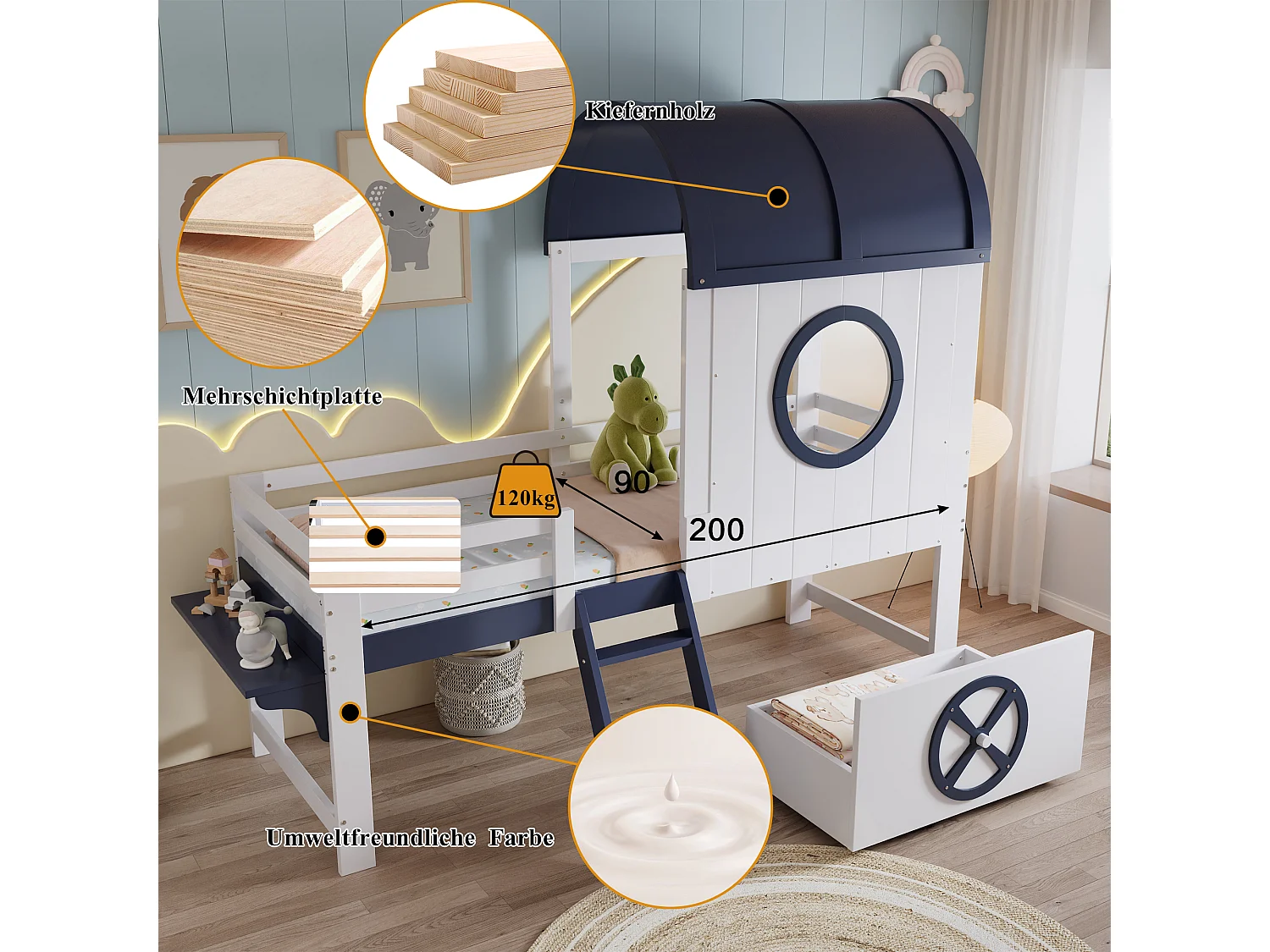 Lit enfant mi-hauteur, avec toit et fenêtres, garde-corps, petite échelle, tiroir sous le lit, pin + MDF, blanc et bleu marine, (203.5x131.5x200 cm)