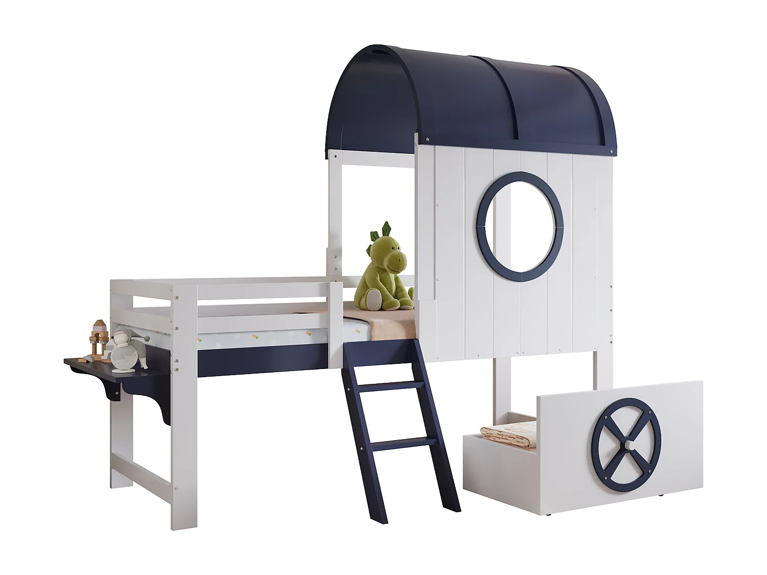 Lit enfant mi-hauteur, avec toit et fenêtres, garde-corps, petite échelle, tiroir sous le lit, pin + MDF, blanc et bleu marine, (203.5x131.5x200 cm)